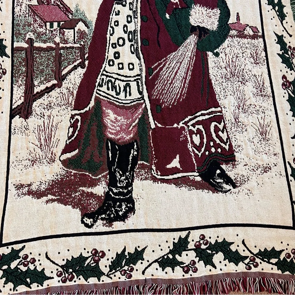 Festive Holiday Tapestry Throw blanket cover with Santa Carrying Tree 44” x 69”